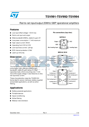 TSV994 datasheet - Rail-to-rail input/output 20MHz GBP operational amplifiers