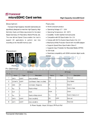 TSXGUSDHC21 datasheet - High Capacity microSD Card