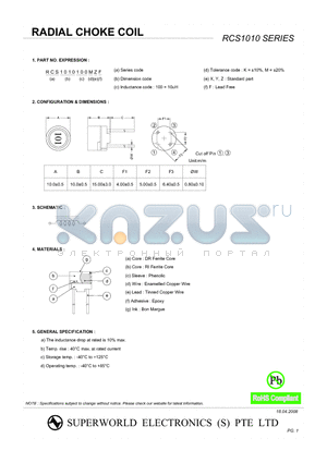 RCS1010180MZF datasheet - RADIAL CHOKE COIL