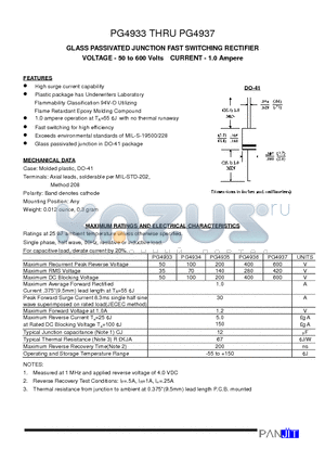 PG4933 datasheet - GLASS PASSIVATED JUNCTION FAST SWITCHING RECTIFIER(VOLTAGE - 50 to 600 Volts CURRENT - 1.0 Ampere)