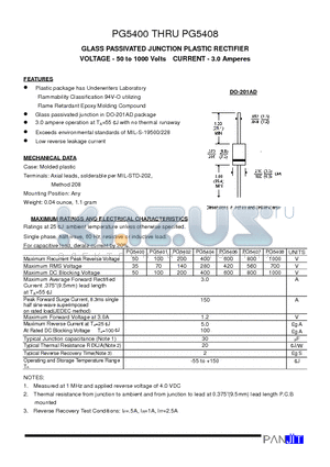 PG5400 datasheet - GLASS PASSIVATED JUNCTION PLASTIC RECTIFIER(VOLTAGE - 50 to 1000 Volts CURRENT - 3.0 Amperes)