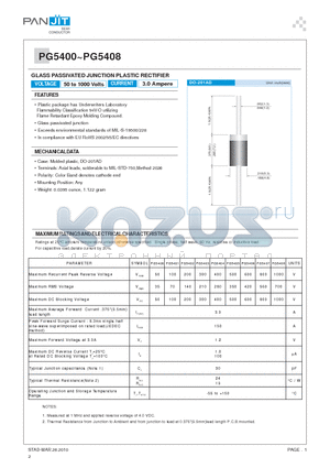 PG5400 datasheet - GLASS PASSIVATED JUNCTION PLASTIC RECTIFIER