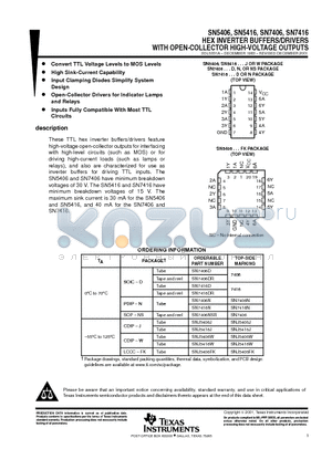 SN5406 datasheet - HEX INVERTER BUFFERS/DRIVERS WITH OPEN-COLLECTOR HIGH-VOLTAGE OUTPUTS