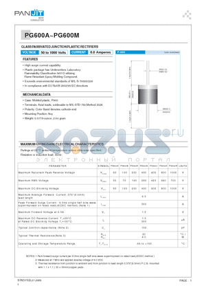PG600J datasheet - GLASS PASSIVATED JUNCTION PLASTIC RECTIFIERS