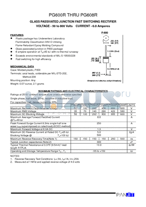PG602R datasheet - GLASS PASSIVATED JUNCTION FAST SWITCHING RECTIFIER(VOLTAGE - 50 to 800 Volts CURRENT - 6.0 Amperes)