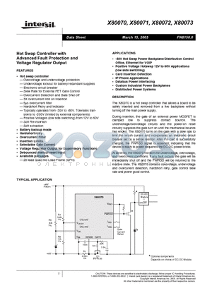 X80071 datasheet - Hot Swap Controller with Advanced Fault Protection and Voltage Refulator Output