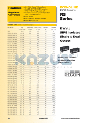 RS-0505S datasheet - 2 Watt SIP8 Isolated Single & Dual Output