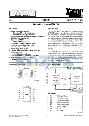 X84041S datasheet - Micro Port Saver E2PROM