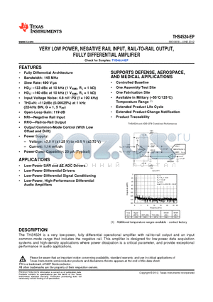 V62/12612-01XE datasheet - VERY LOW POWER, NEGATIVE RAIL INPUT, RAIL-TO-RAIL OUTPUT, FULLY DIFFERENTIAL AMPLIFIER