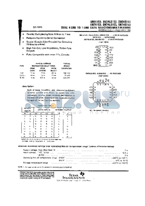 SN54153W datasheet - DUAL 4-LINE TO 1-LINE DATA SELECTORS/MULTIPLEXERS