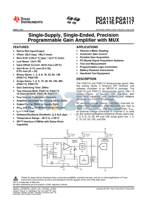 PGA117AIPW datasheet - Single-Supply, Single-Ended, Precision Programmable Gain Amplifier with MUX
