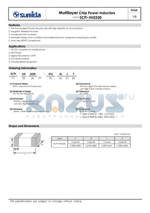 SCPI-XH2520-122 datasheet - Multilayer Chip Power Inductors