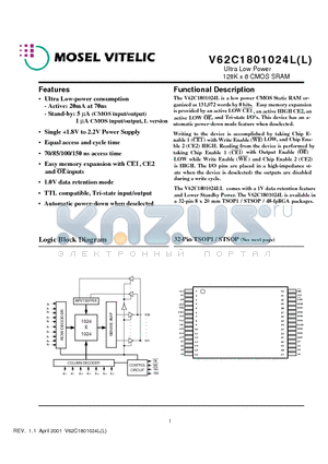 V62C1801024LL-70B datasheet - Ultra Low Power 128K x 8 CMOS SRAM