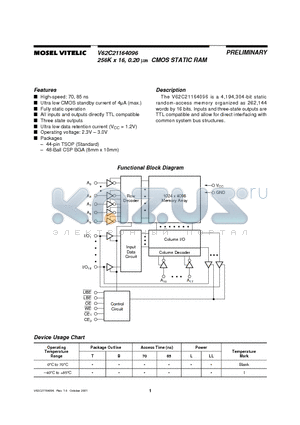 V62C21164096L-70T datasheet - 256K x 16, 0.20 um CMOS STATIC RAM