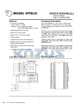 V62C2162048LL-100B datasheet - Ultra Low Power 128K x 16 CMOS SRAM