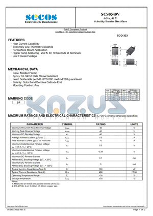 SCS0540V datasheet - 0.5 A, 40 V Schottky Barrier Rectifiers