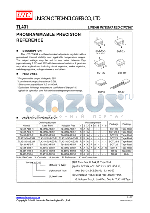 TL431K-T92-B datasheet - PROGRAMMABLE PRECISION REFERENCE