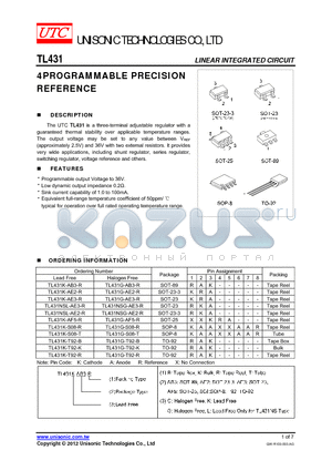 TL431K-T92-K datasheet - 4PROGRAMMABLE PRECISION REFERENCE