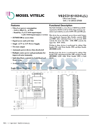 V62C3161024L-85T datasheet - Ultra Low Power 64K x 16 CMOS SRAM
