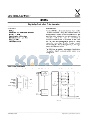 X9015US-2.7 datasheet - Digitally-Controlled Potentiometer