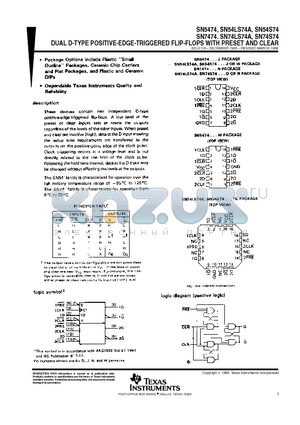 SN5474 datasheet - DUAL D-TYPE POSITIVE-EDGE-TRIGGERED FLIP-FLOPS WITH PRESET AND CLEAR