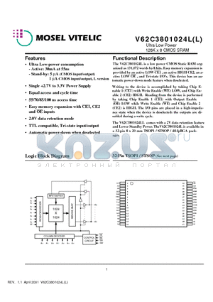 V62C3801024LL-70T datasheet - Ultra Low Power 128K x 8 CMOS SRAM