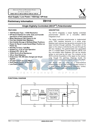 X9110TV14-2.7 datasheet - Single Digitally-Controlled (XDCP) Potentiometer
