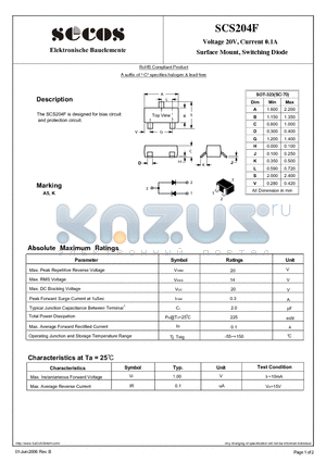 SCS204F datasheet - Voltage 20V, Current 0.1A Surface Mount, Switching Diode