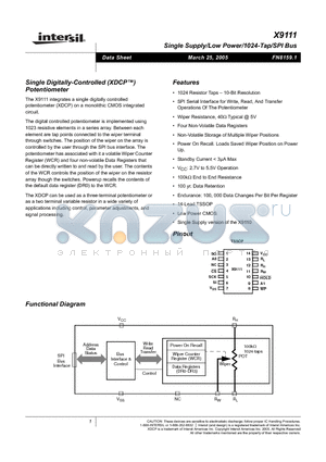X9111 datasheet - Single Supply/Low Power/1024-Tap/SPI Bus