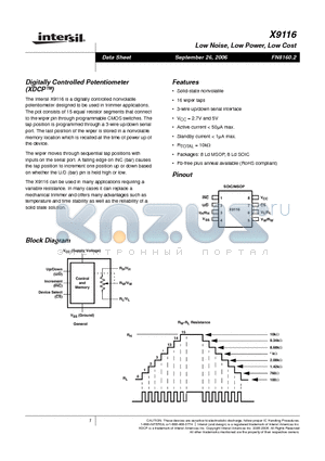 X9116 datasheet - Digitally Controlled Potentiometer