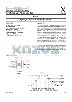 X9116WM8 datasheet - Digitally Controlled Potentiometer (XDCP)