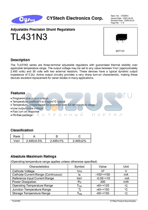 TL431N3 datasheet - Adjustable Precision Shunt Regulators