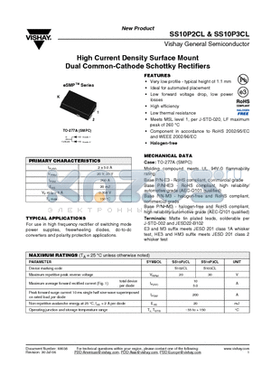 SS10P3CL datasheet - High Current Density Surface Mount Dual Common-Cathode Schottky Rectifiers