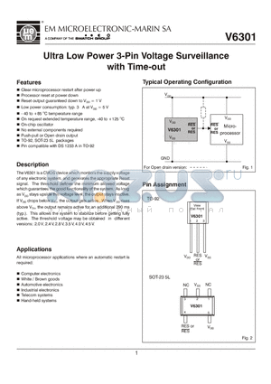 V6301 datasheet - Ultra Low Power 3-Pin Voltage Surveillance with Time-out