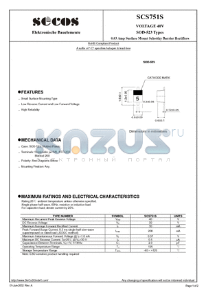 SCS751S datasheet - 0.03 Amp Surface Mount Schottky Barrier Rectifiers