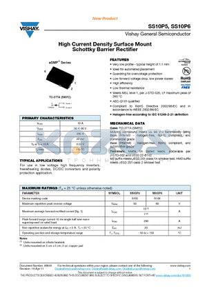 SS10P5 datasheet - High Current Density Surface Mount Schottky Barrier Rectifier