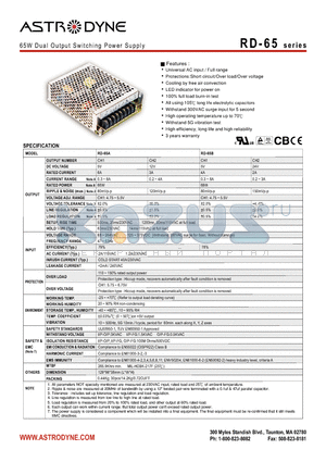 RD-65B datasheet - 65W Dual Output Switching Power Supply