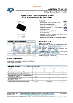 SS10PH10HM3-86A datasheet - High Current Density Surface Mount High Voltage Schottky Rectifiers
