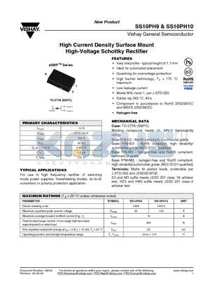 SS10PH10HM3/86A datasheet - High Current Density Surface Mount High-Voltage Schottky Rectifier