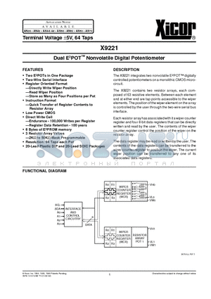 X9221 datasheet - Dual E2POT Nonvolatile Digital Potentiometer