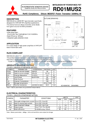 RD01MUS2 datasheet - Silicon MOSFET Power Transistor 520MHz,1W