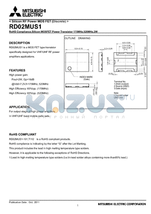 RD02MUS1 datasheet - RoHS Compliance,Silicon MOSFET Power Transistor 175MHz,520MHz,2W