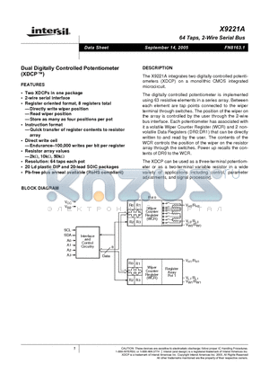 X9221AUSI datasheet - 64 Taps, 2-Wire Serial Bus