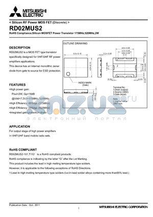 RD02MUS2 datasheet - RoHS Compliance,Silicon MOSFET Power Transistor 175MHz,520MHz,2W