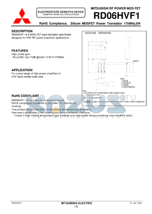 RD06HVF1 datasheet - MOS FET type transistor specifically designed for VHF RF power amplifiers applications.