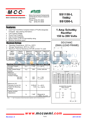 SS1150-L datasheet - 1 Amp Schottky Rectifier 150 to 200 Volts