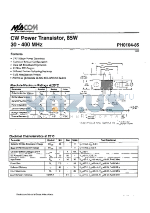 PH0104-85 datasheet - CW POWER TRANSISTOR, 85W, 30-400MHz