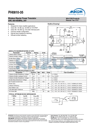 PH0810-35 datasheet - Wireless Bipolar Power Transistor 35W, 850-960MHz, 24V