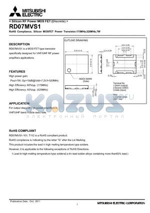 RD07MVS1 datasheet - RoHS Compliance, Silicon MOSFET Power Transistor,175MHz,520MHz,7W