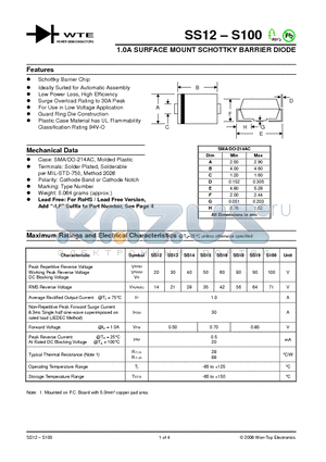 SS12 datasheet - 1.0A SURFACE MOUNT SCHOTTKY BARRIER DIODE